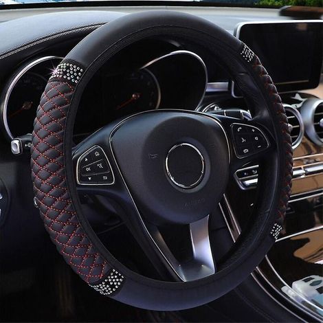 Housse de volant universelle en cuir PU et cristal, 37-38 cm, noir et rouge. Accessoires pour voiture. (1/3)