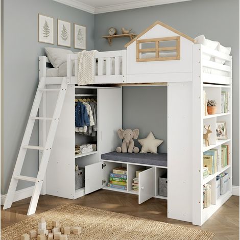 MODFU – Lit mi-haut cabane 90x200 cm pin/MDF – Armoire, étagères et banquette rangement – FSC, EN 747 et 120 kg – Chambre – Blanc/naturel (1/5)