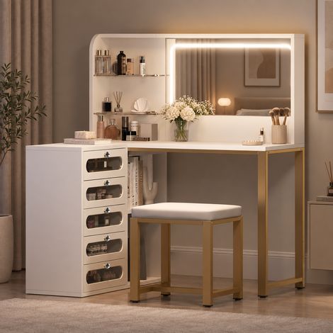 Tocador esquinero en forma de L - taburete acolchado - espejo LED de 3 tonos - 5 cajones y 4 compartimentos - estructura metálica reforzada - blanco (1/5)