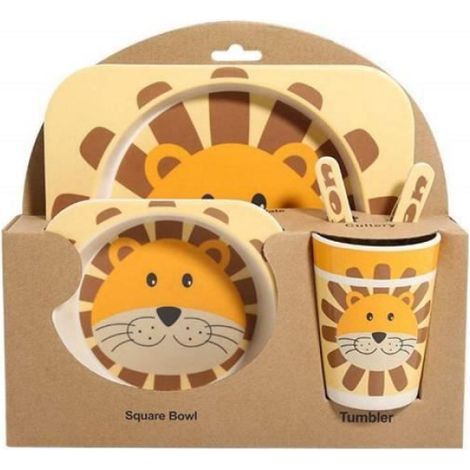 Kindergeschirr-Set – Bambusfaser – Gelbes Löwenmotiv – 5-teilig: Teller, Tasse, Schüssel, Löffel, Gabel (1/5)