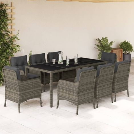 9-tlg. Garten-Essgruppe mit Kissen Grau Poly Rattan