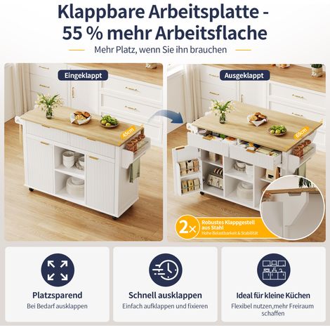 Îlot de cuisine sur roulettes 120 x 45 cm avec plan de travail rabattable, desserte de cuisine avec 2 tiroirs, 2 portes, étagères à épices et porte-serviettes, meuble de cuisine roulant avec espace de (1/4)