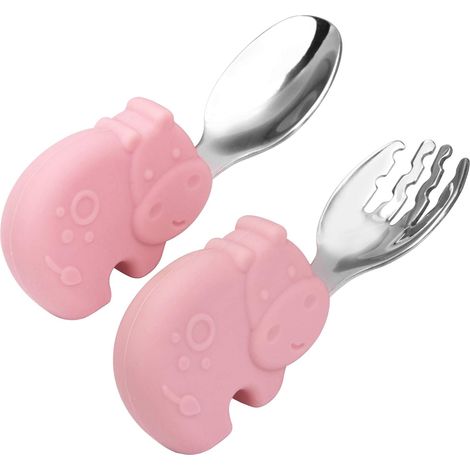 Cuillère Fourchette Bébé - Acier Inoxydable 304 + Silicone Alimentaire - Pour Auto-alimentation Dès 12 Mois - Lot de 2 (1/5)