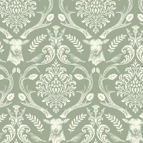 Arthouse Stag Damask Sage Green Wallpaper Floral Birds Trees Modern Contemporary (1/4)