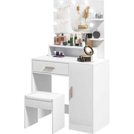 Tocador maquillaje con taburete espejo LED cajones estante ajustable estantes abiertos 80x40x128 cm blanc
