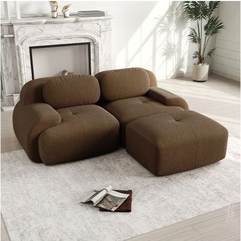 Canapé d'angle 208x178x75cm velours côtelé marron - Canapé Modulable - 2 places, mousse 32D, sans montage, base antidérapante (1/5)