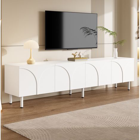Mueble TV bajo de 4 puertas con líneas onduladas 180 x 35 x 49 cm en MDF y PB, blanco (1/5)