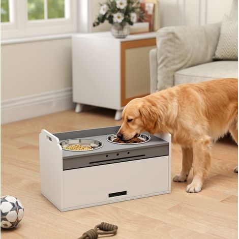 Gamelle surélevée chien 60x30x35,5 cm bois et inox blanche avec rangement, gain de place – MEUBLIV (1/5)