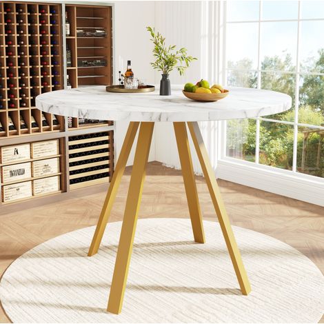 Mesa de comedor redonda 80 x 80 x 75 cm en MDF, blanca con patas metálicas doradas HAVRYA (1/5)