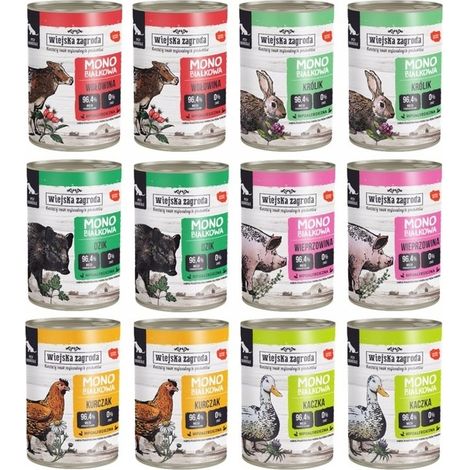 Wiejska Zagroda Nassfutter für Hunde, Monoprotein, Geschmacksmischung, 12 x 400 g