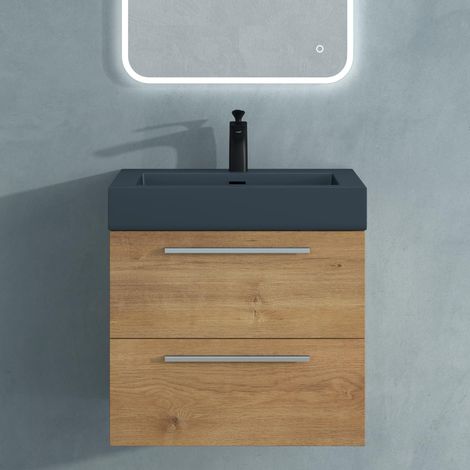Mai & Mai Mobile Bagno Sospeso60cm, Mobile da Bagno con Lavabo in Antracite Opaco, Marrone chiaro, Seria Quadratto (1/5)