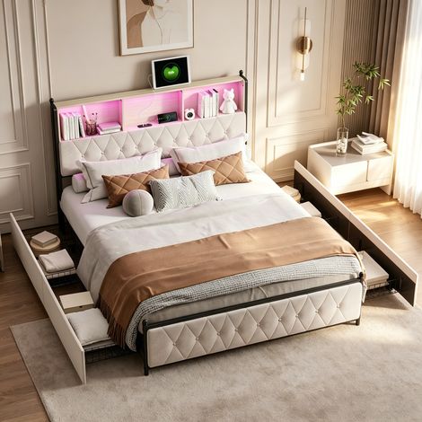 Großes Bett 180x200 cm mit 4 Schubladen, verstellbarer LED-Beleuchtung, gepolstertem Bett, Kopfteil mit Stauraum, USB- und Typ-C-Anschluss, geeignet für Erwachsene und Jugendliche