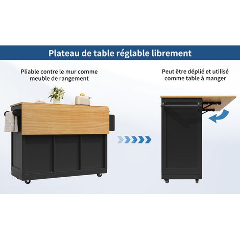 Desserte de cuisine noire en MDF et métal avec plateau pliant, porte-serviettes, casier à vin et roulettes pour cuisine et repas (1/5)