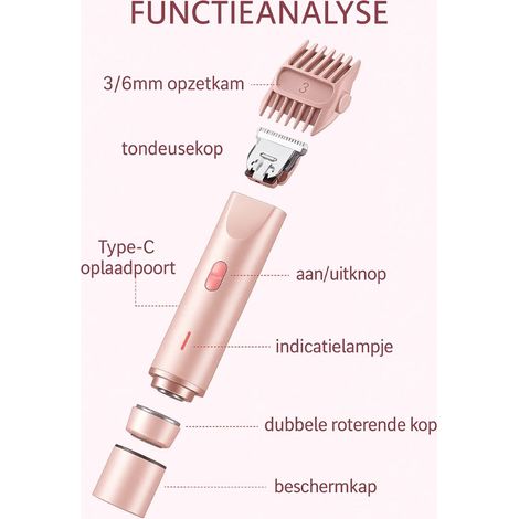 Tondeuse bikini rechargeable Nuvado 2en1 + 2 têtes - Rose - Étanche pour aisselles/jambes/zone intime - Voyage