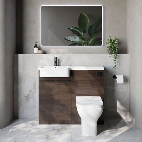 Napoli 250 Brown Oak 1000mm 2 Door Vanity Unit Toilet Suite with Left Hand Round Rico Semi Recessed Basin - 1000mm - Matt Black 160mm HandleWith Kingston Toilet Pan and Seat