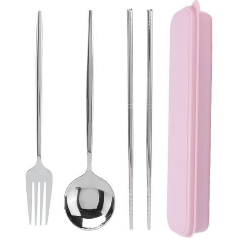 Ensemble de couverts portables en acier inoxydable, anticorrosion, antidérapant et inaltérable, baguettes et cuillère pour bureau ou extérieur, couleur argent. (1/5)
