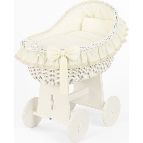 Moisés Carina de mimbre con cobertizo de mimbre, ropa de cama blanca y crema. (1/5)