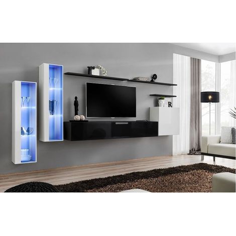 Ensemble meuble TV mural  - Switch XI - 330 cm  x 160 cm x 40 cm - Blanc et noir - Livraison gratuite