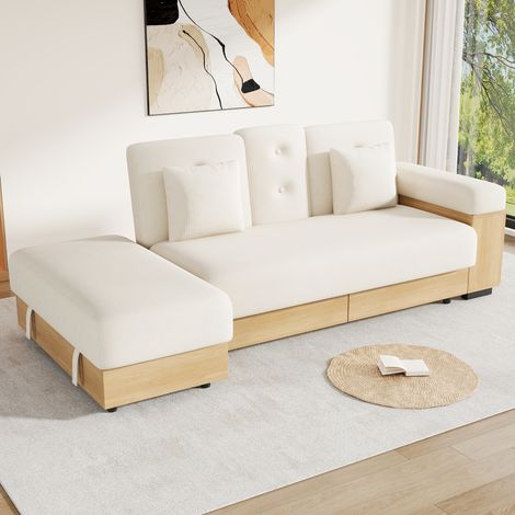 Canapé de salon avec rangement, dossier réglable en 3 positions, canapé-lit avec tiroirs, tissu chenille, structure en MDF, porte-gobelet et pouf de rangement, canapé en tissu beige de 217 cm de long. (1/4)