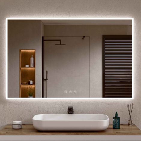 BELLOBATH – Badezimmerspiegel mit LED-Perimeterlicht, verstellbares Licht in 3 Farben und Intensität, Beschlagsicherung, weißer Aluminiumrahmen – 70 cm hoch x 120 cm breit