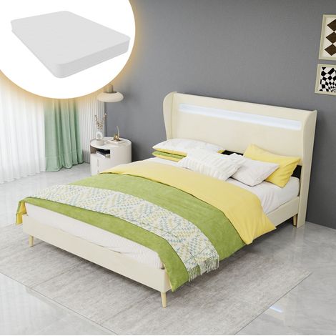 Letto imbottito moderno beige 140x200 cm con testiera LED, base bassa in metallo e tessuto, OKWISH (1/5)