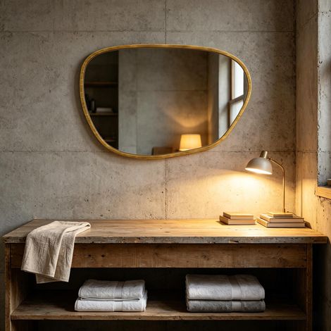 Miroir décoratif mural asymétrique 90x60 cm en verre trempé, cadre en bois naturel, pour salle de bain, chambre, salon et couloir (1/4)