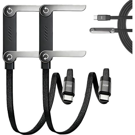Lot de 2 Câbles USB-C 240W avec Support Invisible Intégré, Support Téléphone Pliable pour Smartphones, Tablettes et Appareils USB-C, Câble de Charge Rapide 2-en-1 1,5 m Tressé Nylon (1/5)