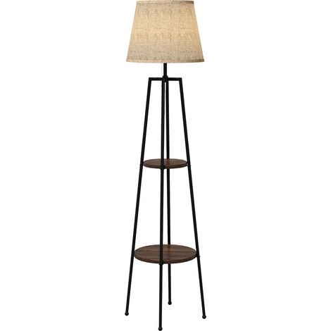 Stehlampe mit 2 Ablageflächen, E27-Fassung (40 W), Zugschalter, Stofflampenschirm, 42 x 42 x 166 cm, schwarz und braun (1/5)