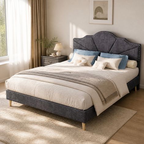 Cama tapizada gris 140x200 cm, cabecero acolchado, estructura baja HAVRYA (1/5)