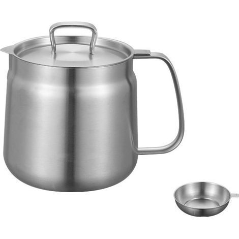 Boîte de conservation pour graisse en acier inoxydable 304 de 1,5 L, idéale pour la cuisson du bacon, avec passoire fine et couvercle. Finition sablée. (1/5)