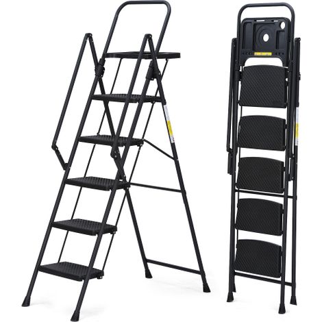 5-step ladder, foldable step stool with tool tray and wide non slip pedals, sturdy steel ladder, convenient handrails, lightweight portable steel step stool