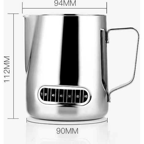 Pitcher à lait pour espresso et cafés barista avec thermomètre intégré, réservoir de 600ml en acier inoxydable 304, design ergonomique pour latte art et pose stable. (1/5)