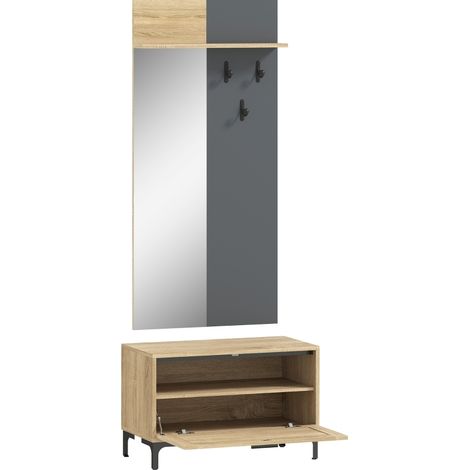 Conjunto recibidor con espejo, banco zapatero, 3 ganchos y estante MDF madera y gris (1/5)