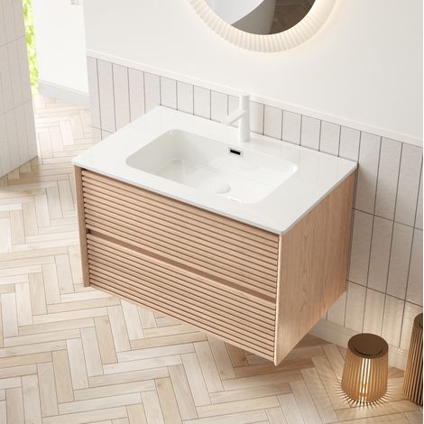 Mueble de baño suspendido con lavabo 87 x 46,5 x 50 cm, blanco y nogal, FloraGrace (1/5)