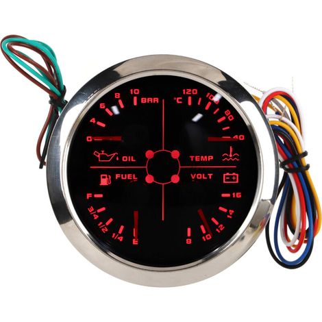 Manomètre multifonction 4 en 1 de 85 mm, indicateur de niveau de carburant, de pression d'huile, de température d'eau et de tension, 9-32 V CC, pour voiture, camping-car, bateau, moto, noir et (1/5)