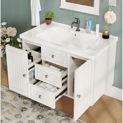 Mueble de lavabo suspendido 78,5x46x46,8 cm en MDF blanco con lavabo cerámico - MEUBLIV (1/5)