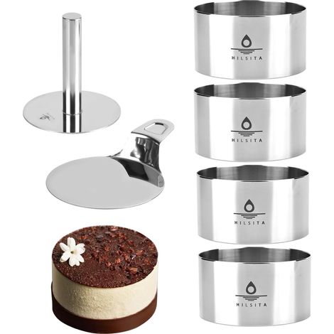 Ensemble de 4 Cercle à pâtisserie, Acier inoxydable, Hauteur 5.5cm, Moule à gâteau, Avec presse et spatule, Pour dessert et tartare