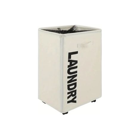Panier à linge avec roues – Corbeille à Linge en Tissu – Idéal petit espace – Panier à Linge sale avec Filet Protecteur - 42 x 33 x 55 cm - Blanc (1/3)