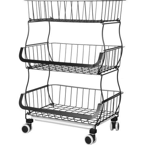 Chariot de cuisine à 3 niveaux sur roulettes, en métal, grande capacité, avec panier de rangement pour fruits et légumes et paniers en filet, idéal pour la cuisine, la salle de bain, le salon ou le bu (1/2)