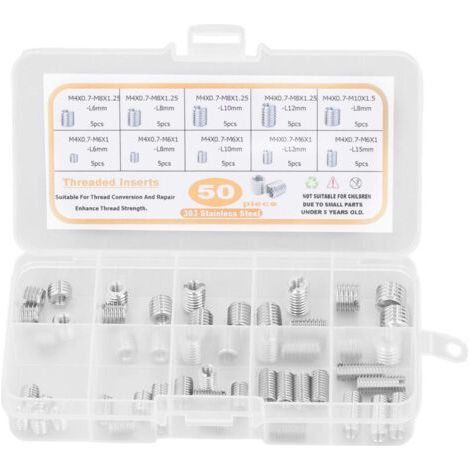 50 Pièces Inserts Filetés en Acier Inoxydable 303, Kit d'Assortiment avec Boîte de Rangement Argenté (1/5)