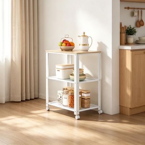 Carrello da cucina a 3 ripiani con ruote, bianco e rovere chiaro, 60 x 40 x 76 cm (1/5)