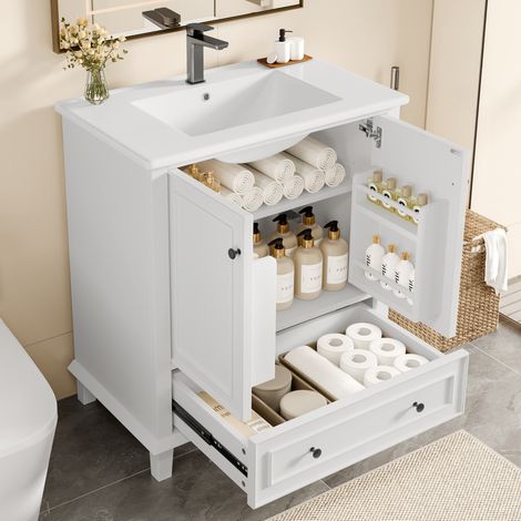 Armoire de salle de bain autoportante 76x46x87cm lavabo pieds bois massif laqué imperméable évier céramique intégré blanc. (1/5)