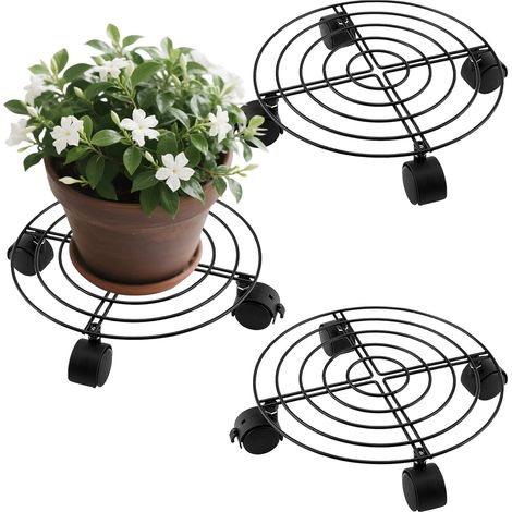 rouleaux pour plantes, en métal noir, diamètre 27 cm, rouleaux ronds pour fleurs, supports à roulettes, plateau roulant, pour plantes, utilisable en intérieur et en extérieur, capacité de charge 60 kg (1/5)