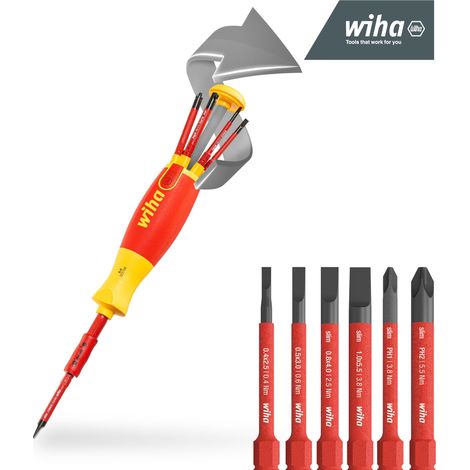 Wiha Schraubendreher mit Bit Magazin LiftUp electric Schlitz, Phillips mit 6 slimBits (38610)
