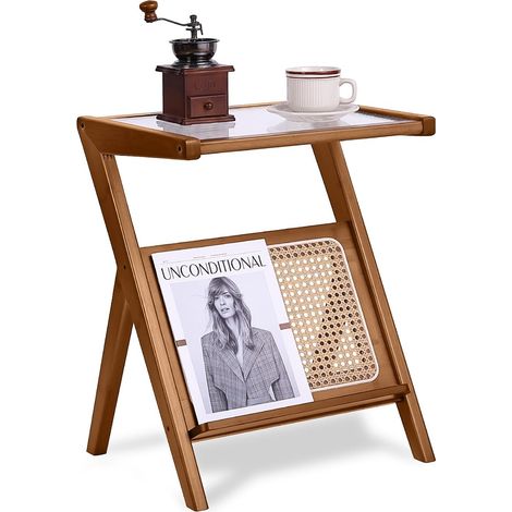 Table de chevet Tiita en rotin marron, grande table d'appoint en bambou avec plateau en verre (1/5)