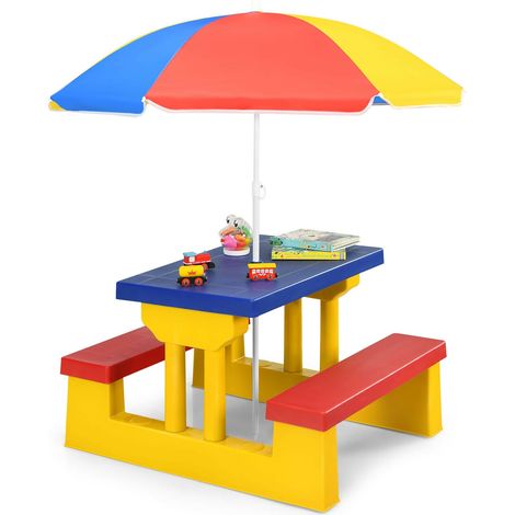 Table de pique-nique pliante jaune pour enfants en PP avec 2 bancs 4 places et parasol, pour jardin, terrasse et intérieur (1/5)