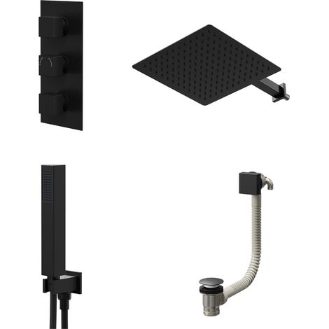 Colore Square Matt Black Concealed Triple Thermostatic Shower Valve with Diverter and 300mm Fixed Head with 345mm Wall Arm and Outlet Holder with Kit and Free-Flow Bath Filler - 3 Outlet