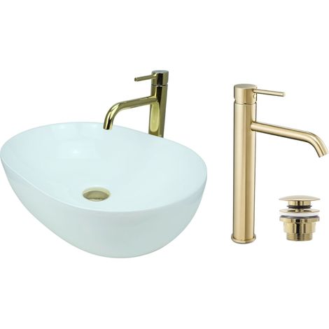 GTM Design Aufsatzwaschbecken 49 cm Glanz Set mit Waschtischbatterie und Stopfen - Aufsatzwaschbecken Oval für Badezimmer - Modernes Waschbecken ohne Hahnloch - Waschbecken mit Armature (1/5)