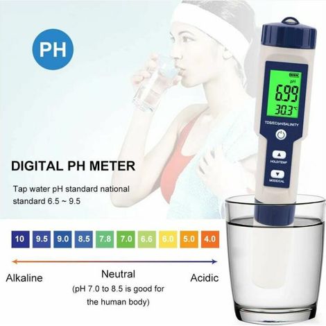 Testeur électronique de PH, 5 en 1 PH Testeur Thermomètre Poche Qualité de l'eau PH EC Sel TDS pour la maison, la piscine, l'eau d'aquarium (1/4)
