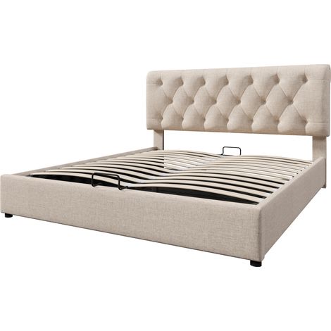 Cama baúl tapizada 160x200 cm con colchón, cabecero regulable, somier de metal, natural (1/5)